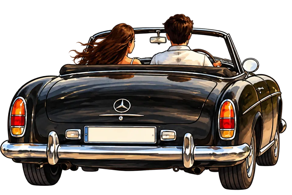 A couple driving a black vintage convertible along the lane