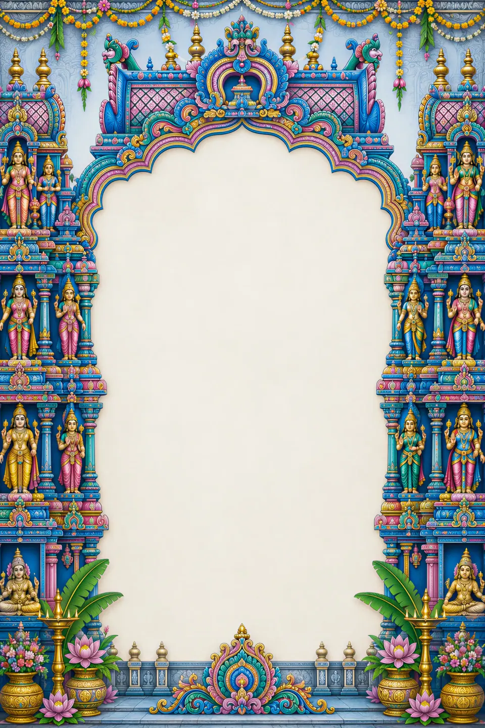 An ornate painted temple arch framing the wedding invitation
